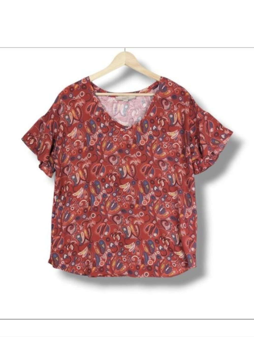 Loft‎ Red Paisley Ruffle Top Short Sleeve Large Women's